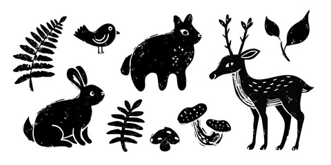 Fototapeta premium Black silhouettes of woodland animals and plants hand drawn style