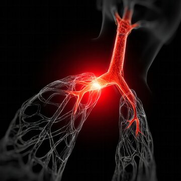 Diseased lungs show red inflammation in the airways against black.