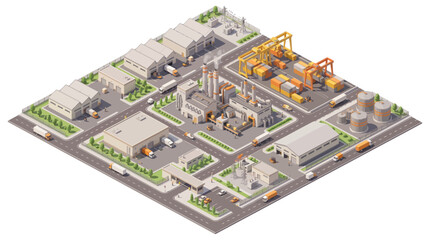 Fototapeta premium Isometric scene showing industrial area with large factory buildings and equipment