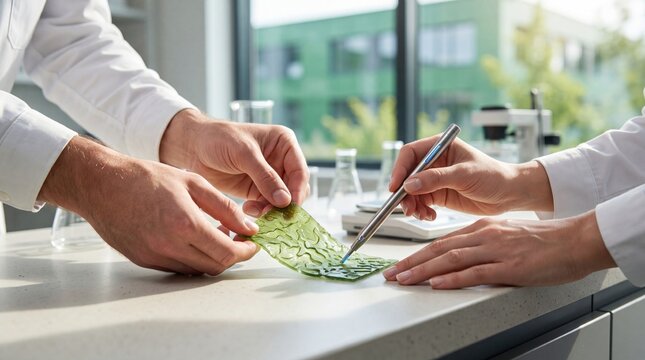 Scientists in laboratory examining green biomaterial sample, conducting research on sustainable innovation, biotechnology development, eco-friendly material testing, collaborative