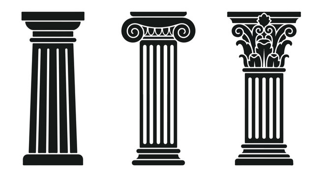 Three classical architectural columns with Doric, Ionic, and Corinthian capitals stand in a row