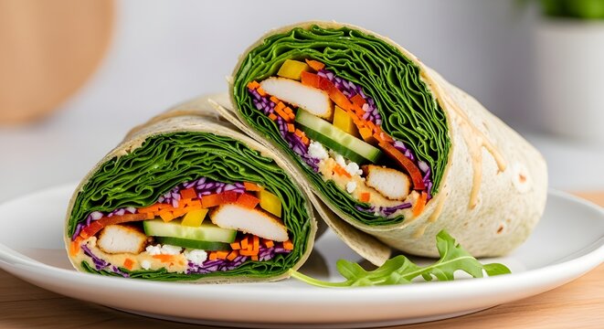 Colorful vegetable wrap filled with fresh greens, carrots, tomatoes, and protein-rich ingredients, sliced and served on a plate.