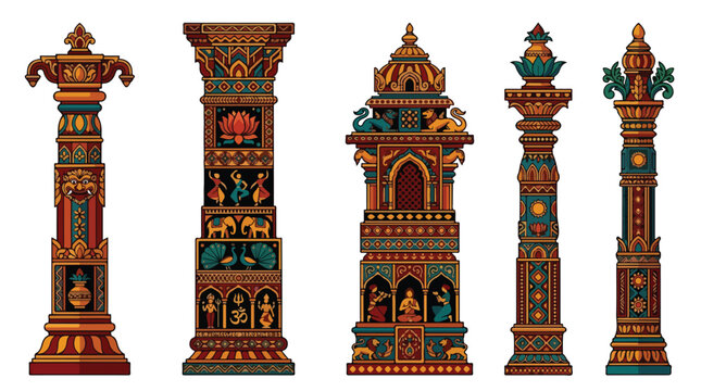 Five ornate carved totem poles stand in a row with intricate geometric patterns and totemic figures in warm wood tones