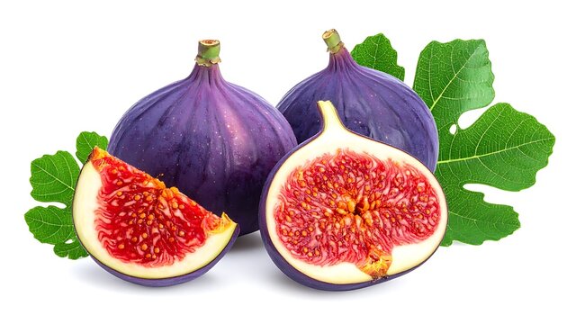 Ripe figs and fig leaves are displayed on a white backdrop, one fig is cut in half and one into a quarter slice