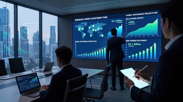 Business executives attending a boardroom presentation about global sustainable projects ROI and renewable energy investment fund, viewing charts on a large screen with city view