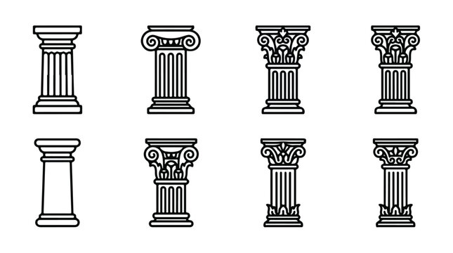 Eight line drawings of classical column capitals showing Doric, Ionic and Corinthian styles in architectural orders