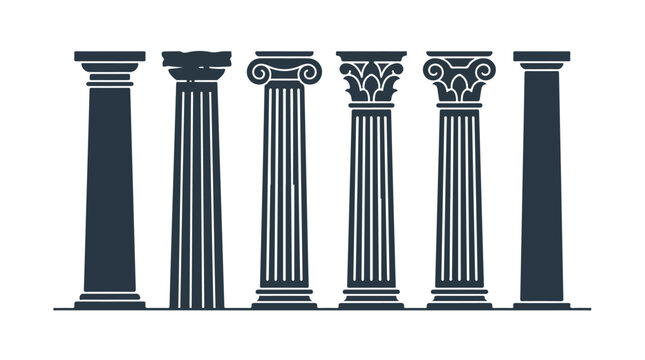 Row of classical stone columns forming a quiet colonnade against a white background, showcasing timeless architecture