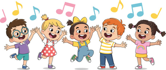 Fototapeta premium Kids dancing and jumping at party, group of happy cartoon children having fun and enjoying music together, lively celebration scene with boys and girls laughing, moving and dancing with musical notes,