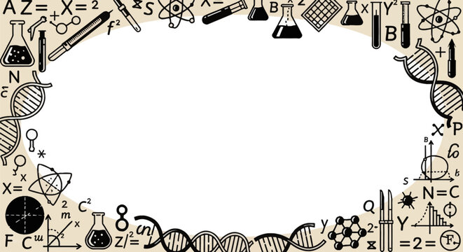 Science and chemistry themed border on beige background with central white oval copy space, featuring vector icons of DNA, beakers, formulas, atoms, and laboratory equipment.