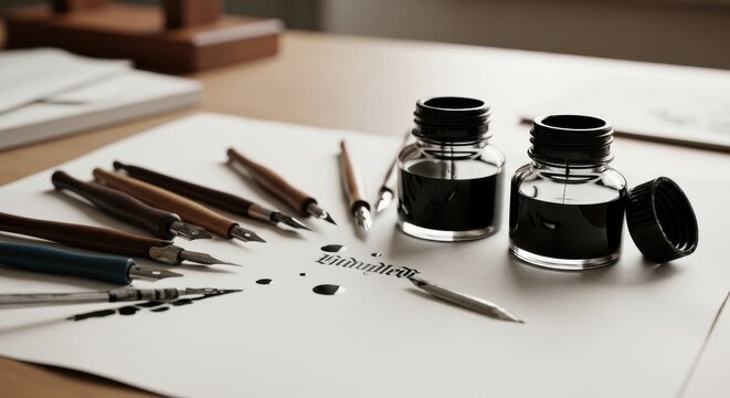 Arrangement of fine calligraphy nibs and dark ink bottles on paper, showcasing traditional lettering art