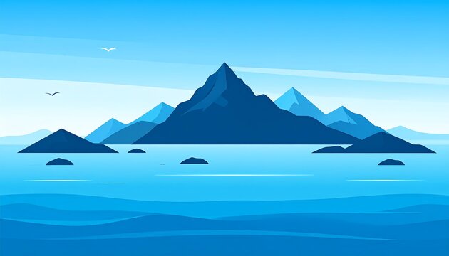 Simplified, stylized depiction of an island chain in cool hues of blue, with a prominent central peak, seagulls, and gentle waves