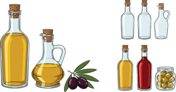 Olive Oil Glass Bottles and Olives Vector Set with Empty Bottles, Oil Jar, Red Bottle and Olive Branch for Food Illustration