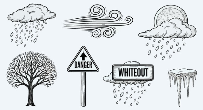 Vintage hand-drawn weather icons set featuring rain clouds with droplets, swirling wind gusts, a leafless winter tree, icicles, and warning signs for danger and whiteout conditions.