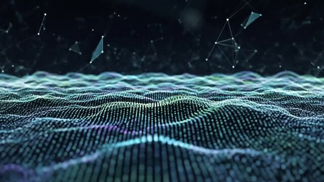 Abstract digital wave background with flowing particles and data.