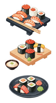 Digital illustration of three sushi sets featuring salmon nigiri, shrimp ebi, ikura gunkan, tamago, maki rolls, wasabi, ginger, and chopsticks on wooden boards and a dark plate.