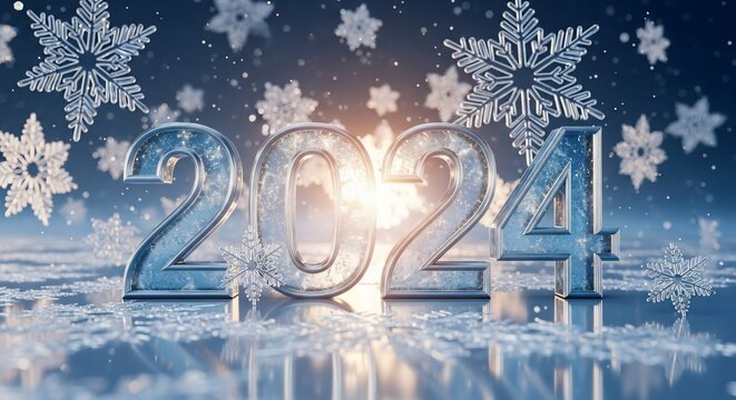 輝く氷の数字2024と雪の結晶、冬の幻想的な新年