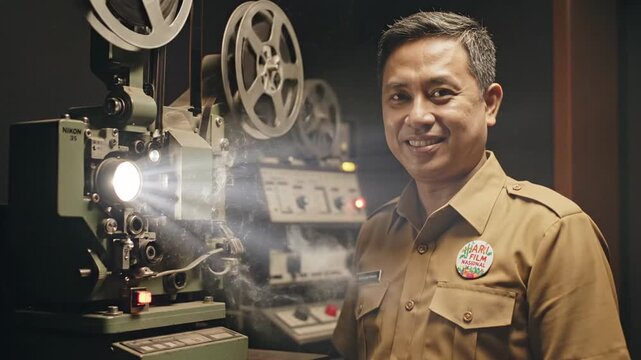 Smiling man with vintage film projector celebrating National Film Day