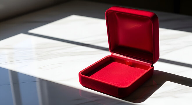 Open empty red velvet jewelry box on white marble surface with strong sunlight and geometric shadows