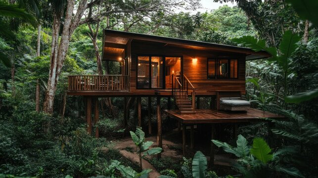 Wooden treehouse cabin in lush rainforest, evening scene