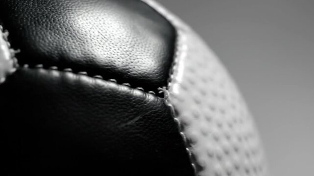 Macro close up of textured soccer ball surface in black and white.