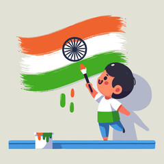 Flat Illustration Little Boy Paints Indian Flag with Brush