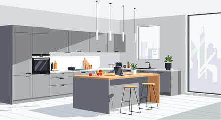 A modern kitchen with gray cabinets and island © Sudariman