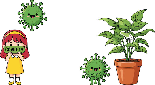 Child wearing face mask with coronavirus characters and indoor potted plant, health awareness and safety cartoon vector illustration for pandemic and hygiene themes