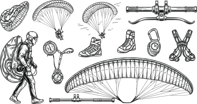 Vintage Paragliding Equipment and Skydiver Adventure Sketch Set
