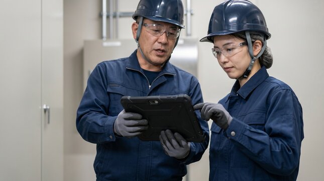 日本人の熟練電気工事士が若手育成として女性にタブレット操作を教える点検業務、DX化と女性進出が進む電気設備の保守メンテナンス、背景余白あり