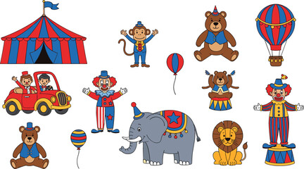 Circus elements collection with clowns animals tent hot air balloon and performers, colorful cartoon vector illustration for entertainment, festival and kids design themes © Jahangir