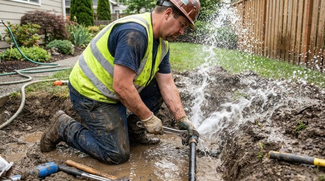 Water pipe technician fixing broken outdoor