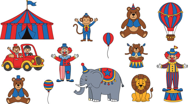 Circus elements collection with clowns animals tent hot air balloon and performers, colorful cartoon vector illustration for entertainment, festival and kids design themes