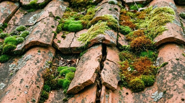 Closeup view of weathered cracked terracotta roof tiles with moss