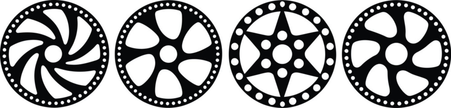 Set of four bicycle disc brake rotors, detailed vector illustration of mechanical cycling components, isolated on white background, realistic metal brake discs design for bike repair, 