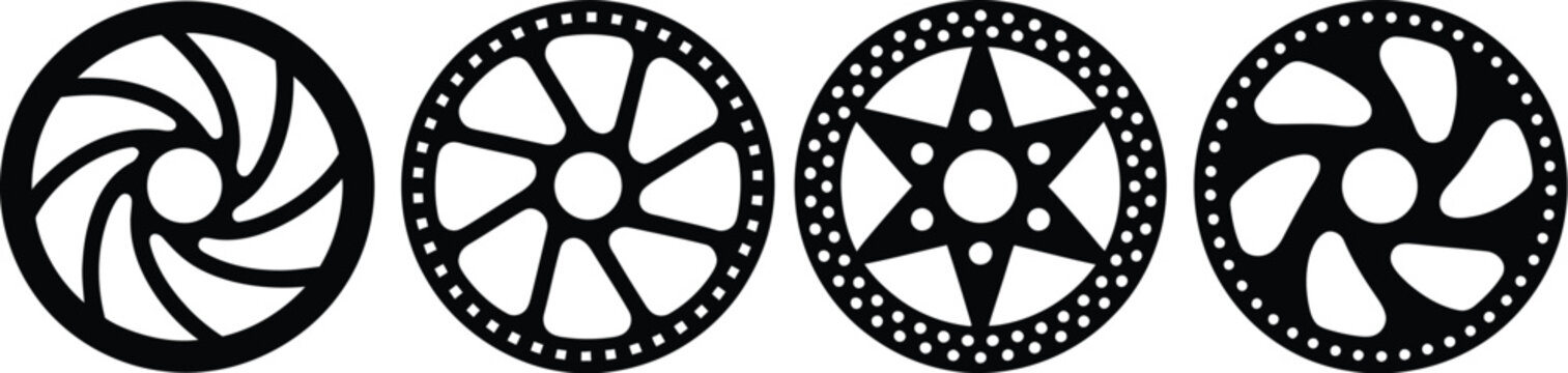 Set of four bicycle disc brake rotors, detailed vector illustration of mechanical cycling components, isolated on white background, realistic metal brake discs design for bike repair, 