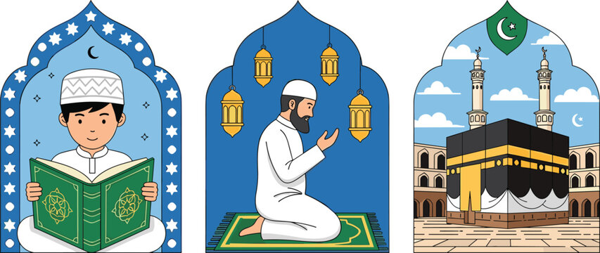 Cute Islamic Culture Set Young Boy with Quran Praying Man and Sacred Kaaba