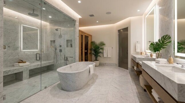 Spacious bathroom with luxurious spa design and marble