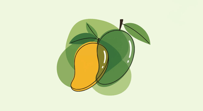 Minimalist stylized illustration of two mangoes, one ripe yellow and one unripe green, with green leaves and black line art on a light background with abstract green shapes.