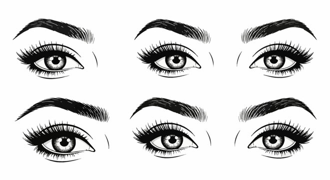 Collection of six black and white vector illustrations featuring female eyes with long curved eyelashes and thick shaped eyebrows, isolated on a plain white background.