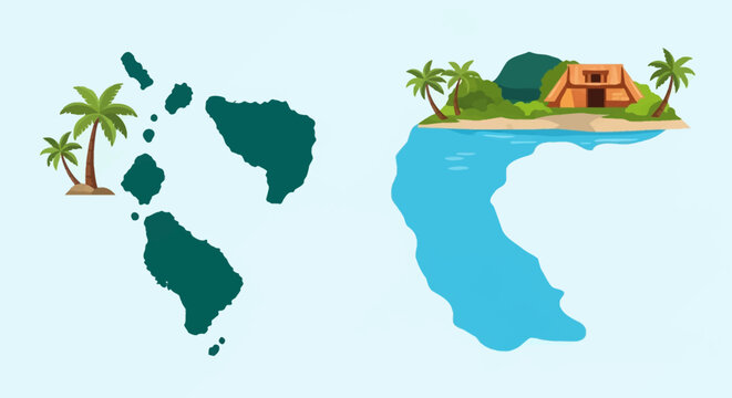 Vector illustration featuring a dark green tropical island archipelago map silhouette next to a coastal scene with a traditional thatched hut, palm trees, and blue water shape.