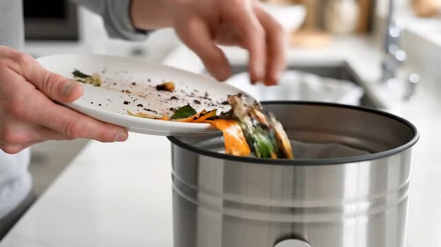 Person composting organic food waste into a kitchen compost bin