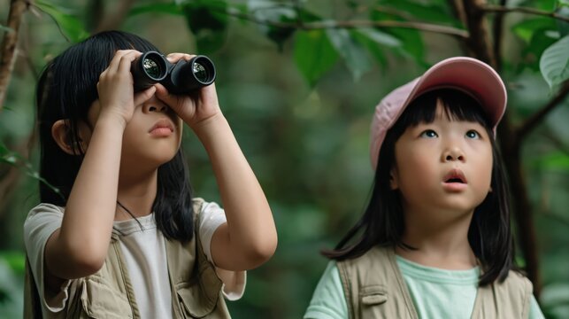 Two young Asian girls wearing safari vests and cap exploring forest, one girl looking through binoculars while other looks on with curiosity. High quality photo