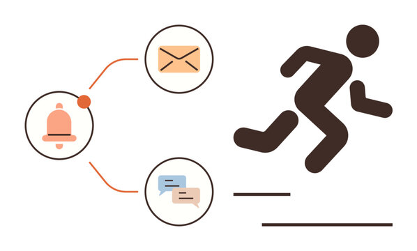 Time management, responsiveness, productivity, communication, notifications, urgency. A running person next to icons of a bell, envelope and speech bubbles. Concept of time management