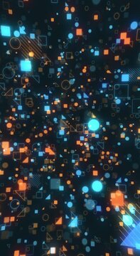 ブルーとオレンジのネオンのように光るシンプルな図形のアブストラクト　スロースペイシー　ループ　縦長