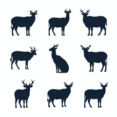 Fototapeta premium Set of nine male deer silhouettes including stags and bucks with diverse antler structures in various standing and sitting positions, isolated on a plain white background.