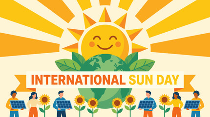 Fototapeta premium International Sun Day vector concept with smiling sun over earth globe, leaves, and people holding solar panels with sunflowers to promote global renewable energy and ecology.