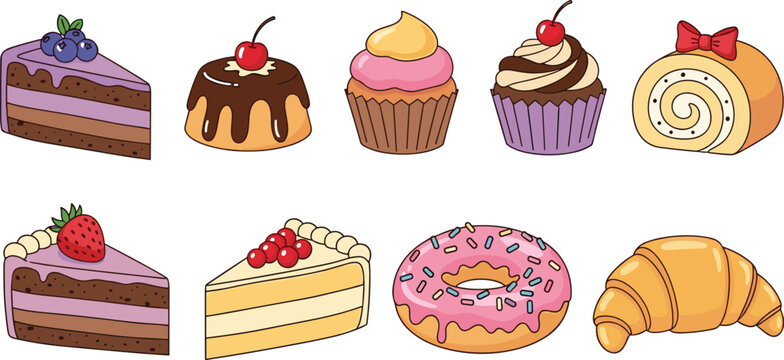 Colorful Cartoon Desserts Collection Layered Cakes Cupcakes Donut Croissant and Swiss Roll