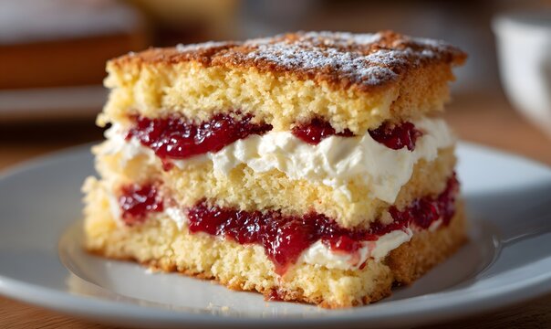 close-up of a slice of Victoria sponge cake