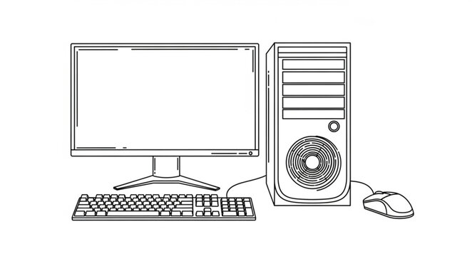 Desktop computer system with monitor keyboard and mouse illustration.