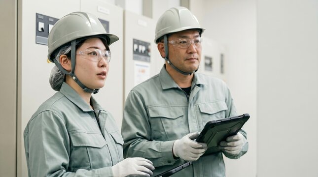 若手育成に取り組む日本人の電気工事士男女がDX化された端末で点検箇所を確認する、女性進出が進む建設・インフラ業界の作業風景、コピースペースのある構図